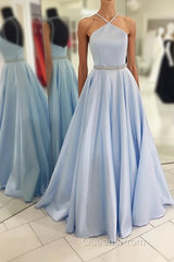 Backless Beading Spaghetti Straps A Line Light Blue Long Evening Prom Dress