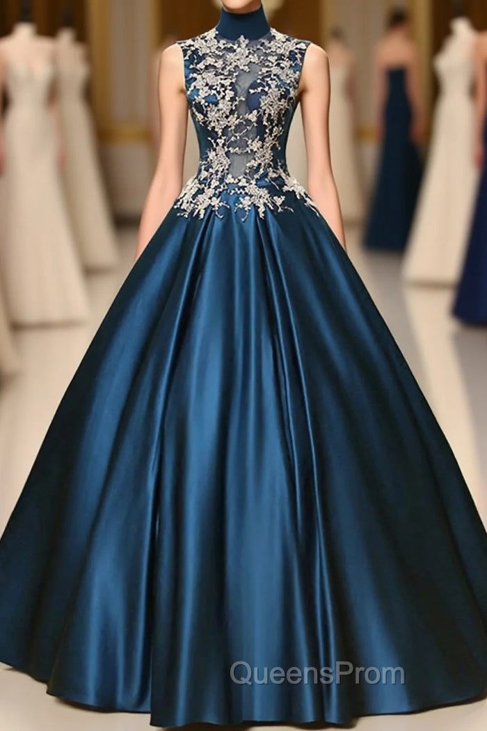 Blue Dreses Satins Lace Applique A Line Long Evening Prom Dress Main image
