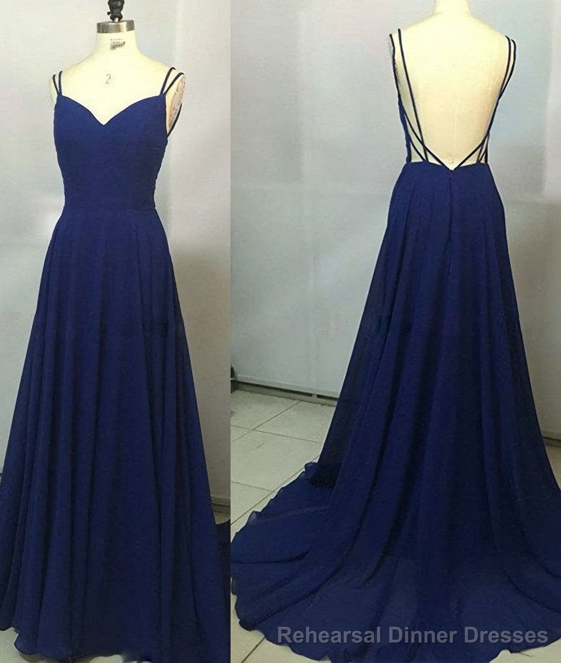 Simple A Line Spaghetti Straps Backless Royal Blue Long Prom Dresses Main image