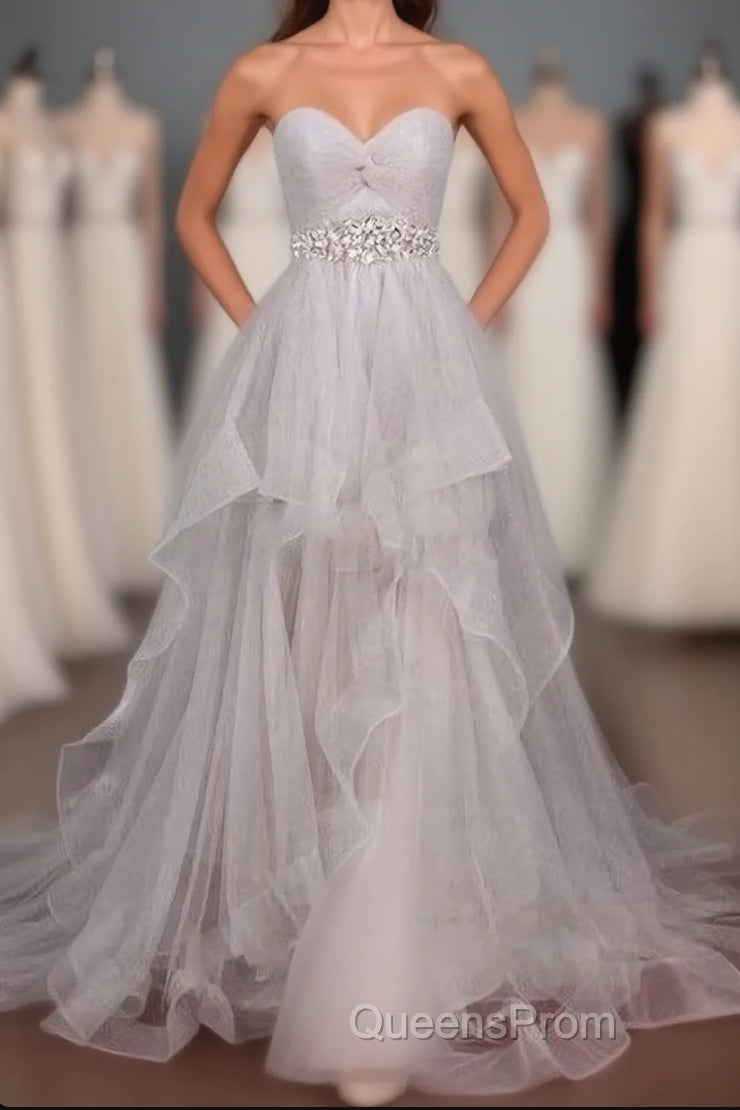 2024 Custom Made Silver Sweetheart Beading Layered Sleeveless Pegeant Evening Prom Dress Main image