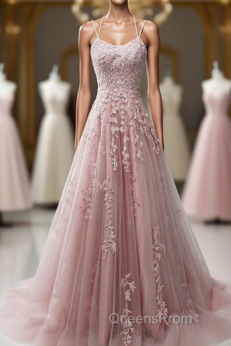 Pink Scoop Tulle Straps With Lace Long Evening Prom Dress, Pink A-Line Formal Dress Main image