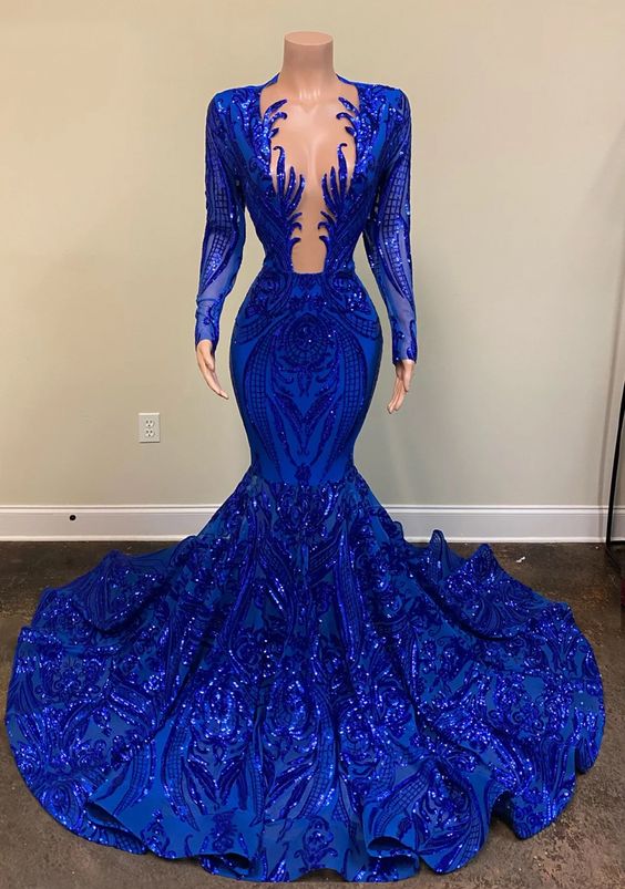 Blue Shiny Sexy V-Neck Long Sleeves Classy Prom Dress Classy Evening Gown Party Dress Main image