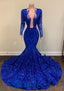 Blue Shiny Sexy V-Neck Long Sleeves Classy Prom Dress Classy Evening Gown Party Dress