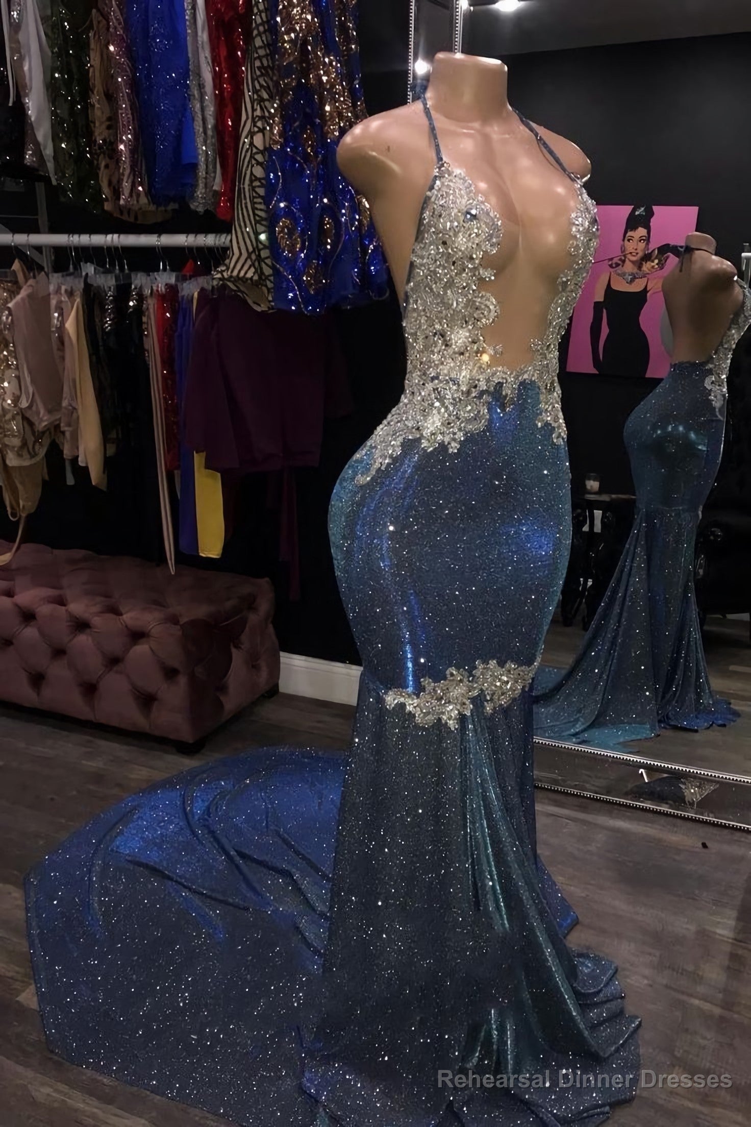 Long Halter Sheath Blue Open Front Backless Prom Dresses Main image