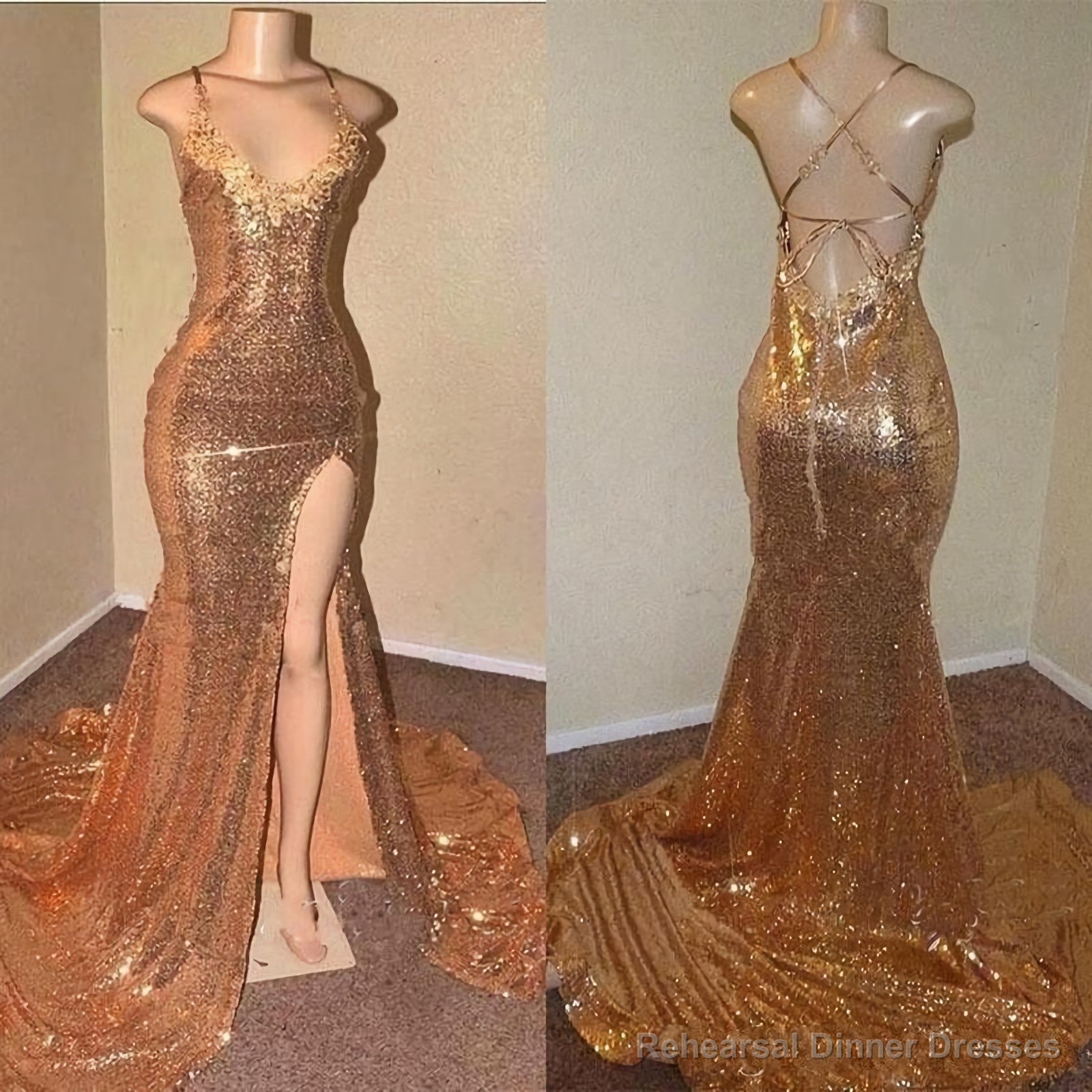 Lace Up Gold Halter Back Side Slit Long Sequence Prom Dresses Main image