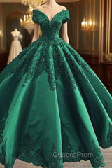 Evening Prom Dress Elegant Green Satin Ball Gown Wedding Dress Lace Embroidery Beaded Off The Shoulder For Bridal Party