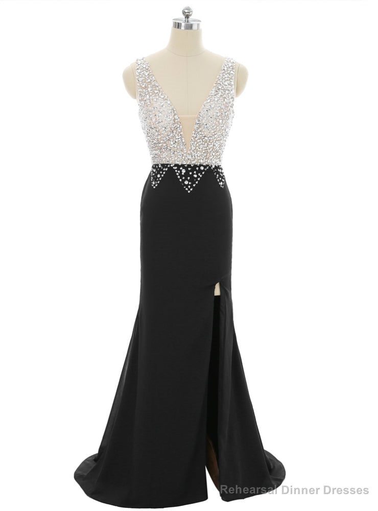 Prom Dresses Mermaid V-neck Beaded Crystals Slit Sexy Main image