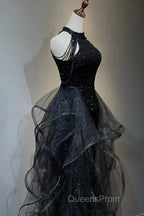 Evening Prom Dress Sparkle & Shine Dress Wedding Partysleeveless Halter Wednesday Addams Family Sequined With Crystals Sequin Ruffles