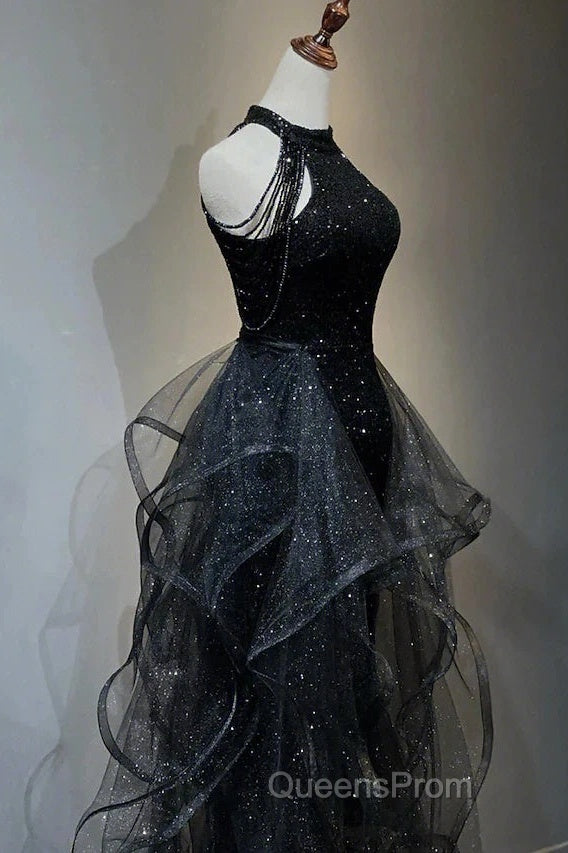 Evening Prom Dress Sparkle & Shine Dress Wedding Partysleeveless Halter Wednesday Addams Family Sequined With Crystals Sequin Ruffles