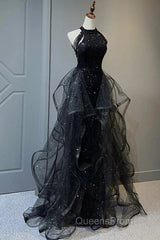 Evening Prom Dress Sparkle & Shine Dress Wedding Partysleeveless Halter Wednesday Addams Family Sequined With Crystals Sequin Ruffles