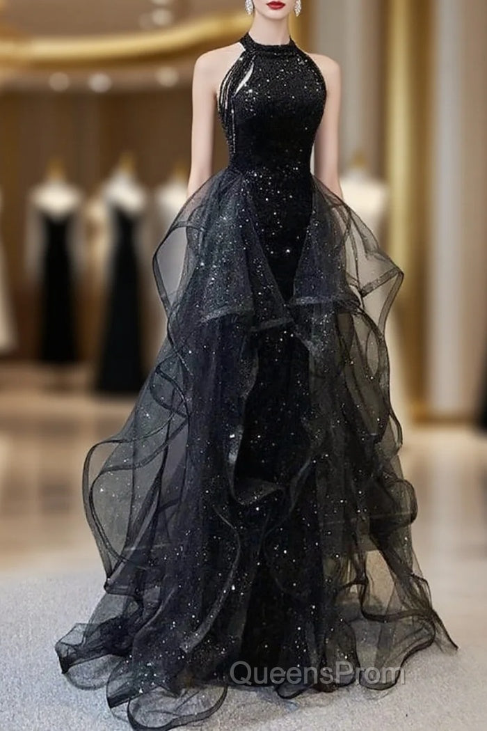 Evening Prom Dress Sparkle & Shine Dress Wedding Partysleeveless Halter Wednesday Addams Family Sequined With Crystals Sequin Ruffles Main image
