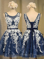 Light Blue Tulle Lace Applique Short Homecoming Dress with Straps