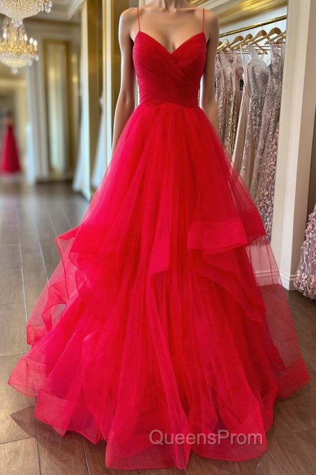 Puffy Red Tulle V Neck Long Evening Prom Dress, V Neck Red Formal Dress, Red Evening Dress Main image