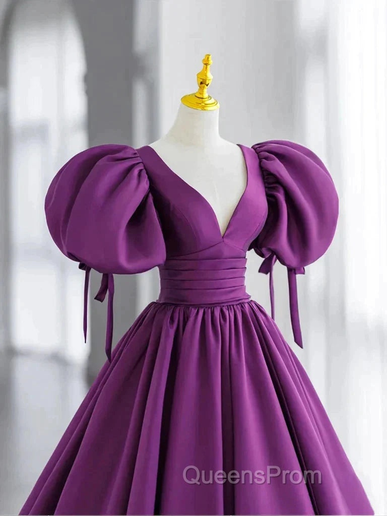 Puffy Sleeve Backless Satin Purple Backless Evening Prom Dress Secondary image