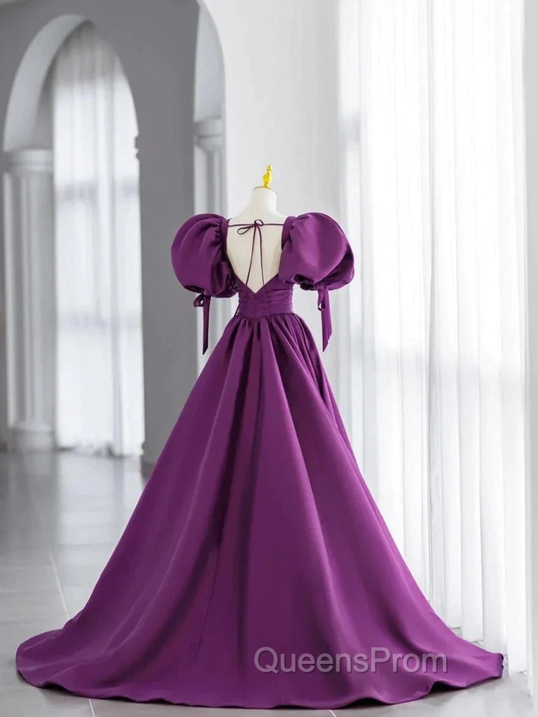 Puffy Sleeve Backless Satin Purple Backless Evening Prom Dress