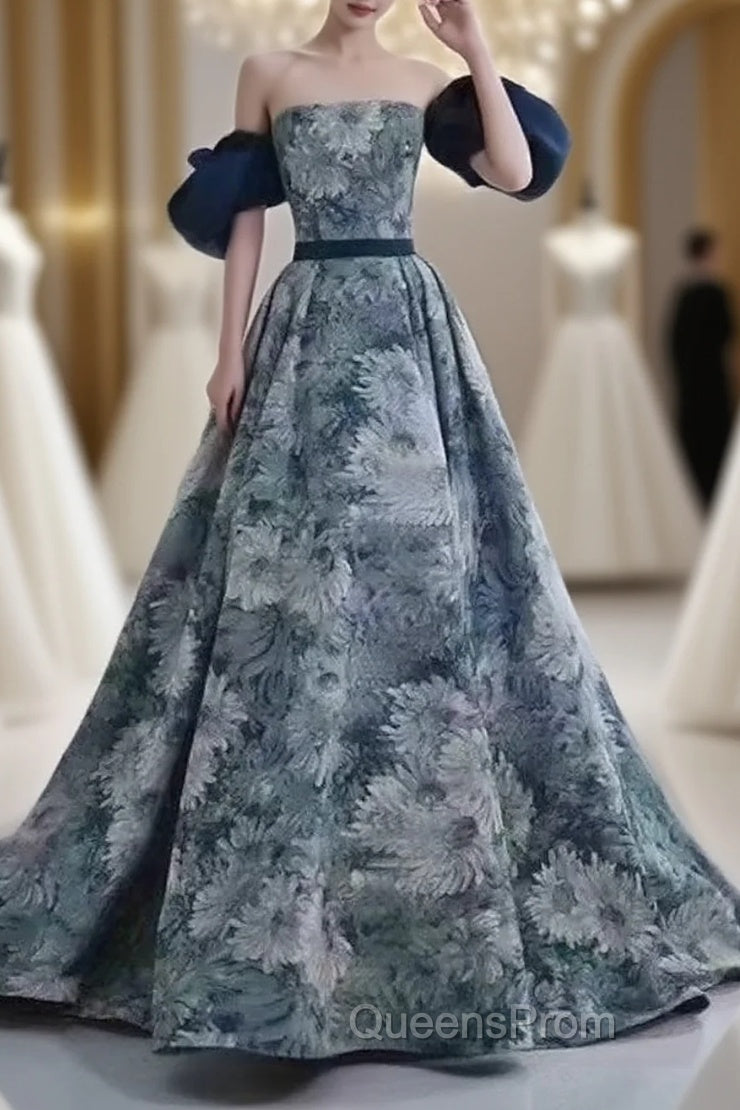 Puffy Sleeves Print Blue Quinceanera Evening Prom Dress Main image