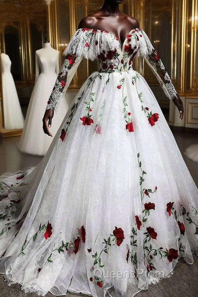 Puffy Long Sleeves Off the Shoulder Lace Tulle Evening Prom Dress with Appliques Main image