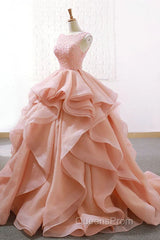 Puffy Tulle Long Evening Prom Dress with Beading, A Line Sleeveless Party Gown