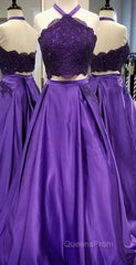 Purple 2 Piece Lace Evening Prom Dress Halter Long Evening Gowns With Pockets
