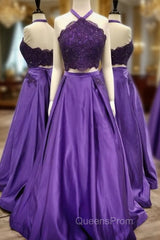 Purple 2 Piece Lace Evening Prom Dress Halter Long Evening Gowns With Pockets