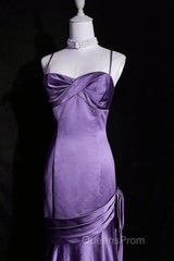 Purple A-Line Mermaid Straps Evening Dress, Purple Satin Evening Prom Dress Formal Dress