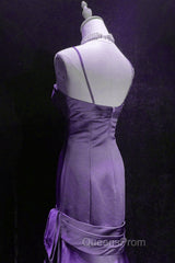Purple A-Line Mermaid Straps Evening Dress, Purple Satin Evening Prom Dress Formal Dress