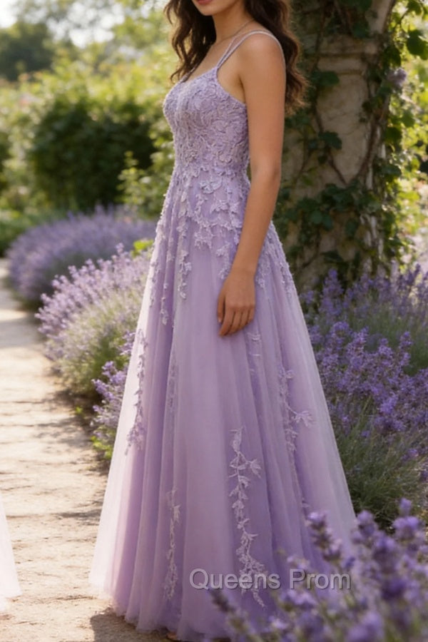 Purple A-Line Spaghetti Straps Long Prom Dress with Appliques Secondary image