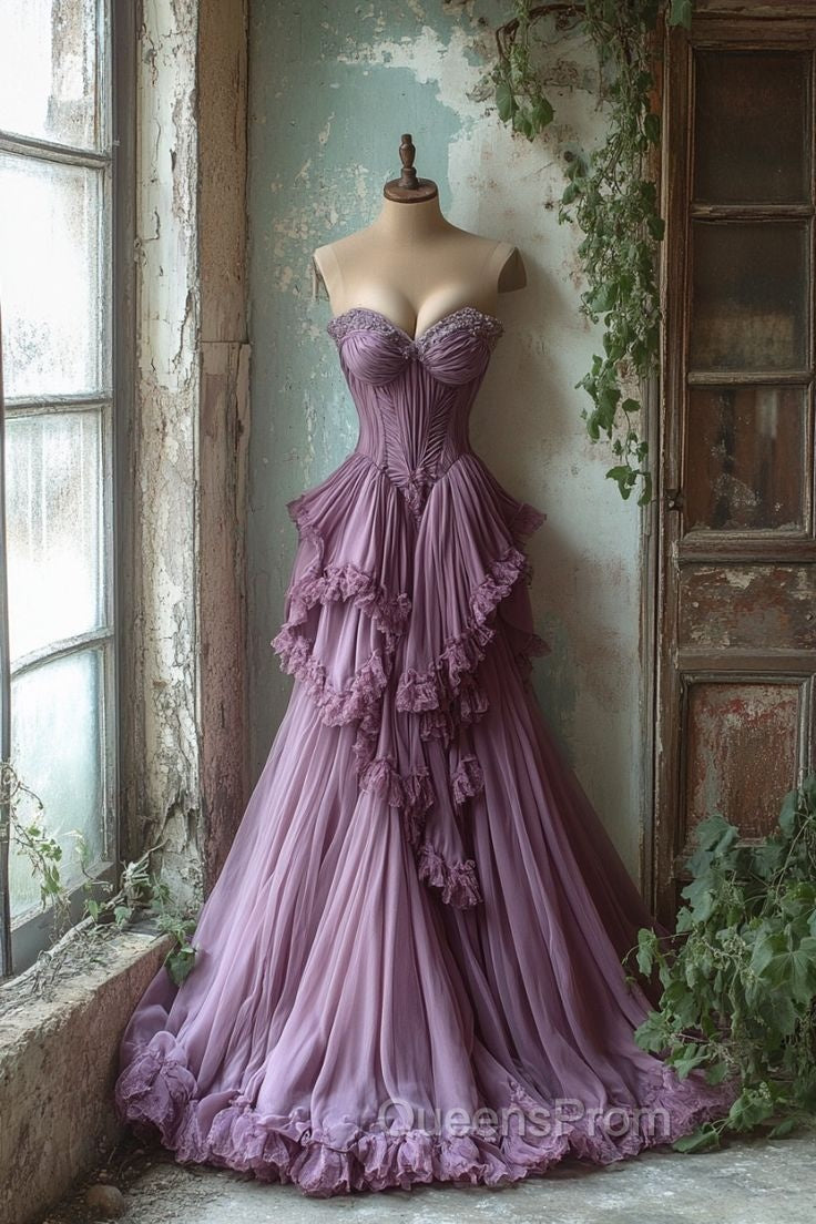 Purple A-Line Sweetheart Neck Tulle Beaded Long Evening Prom Dress, Vintage Evening Dress Secondary image
