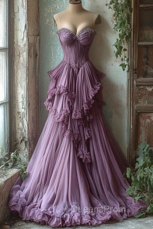 Purple A-Line Sweetheart Neck Tulle Beaded Long Evening Prom Dress, Vintage Evening Dress Main image
