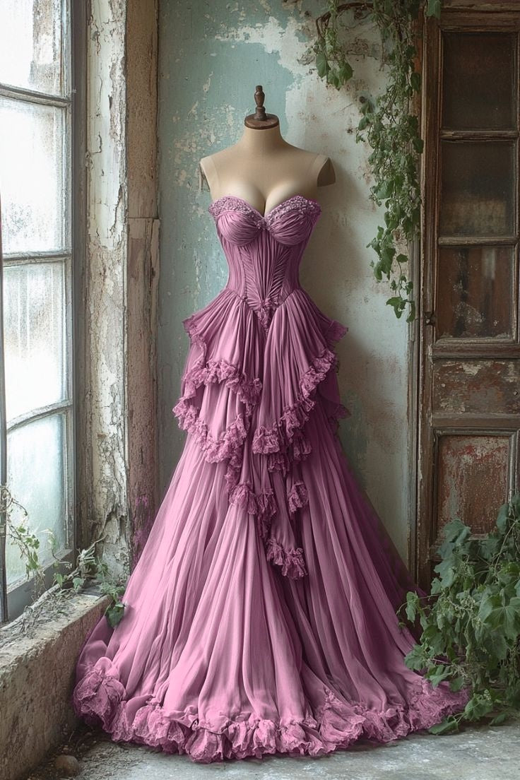 Purple A-Line Sweetheart Neck Tulle Beaded Long Classy Prom Dress, Vintage Classy Dress Secondary image