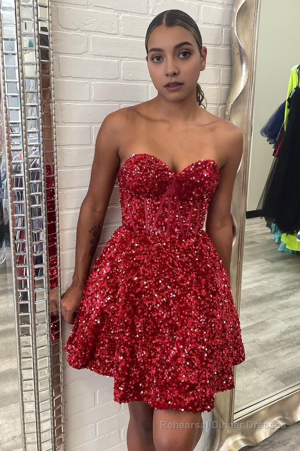Purple A-Line Sweetheart Sequins Short Homecoming Dress with Pockets