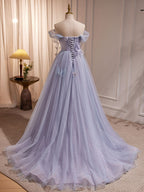 Purple A-Line Tulle Long Classy Prom Dress, Off Shoulder Purple Graduation Dress