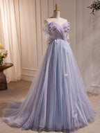 Purple A-Line Tulle Long Classy Prom Dress, Off Shoulder Purple Graduation Dress