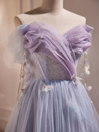 Purple A-Line Tulle Long Classy Prom Dress, Off Shoulder Purple Graduation Dress