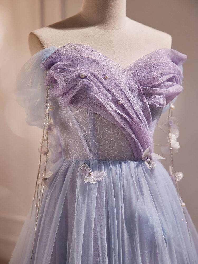 Purple A-Line Tulle Long Classy Prom Dress, Off Shoulder Purple Graduation Dress