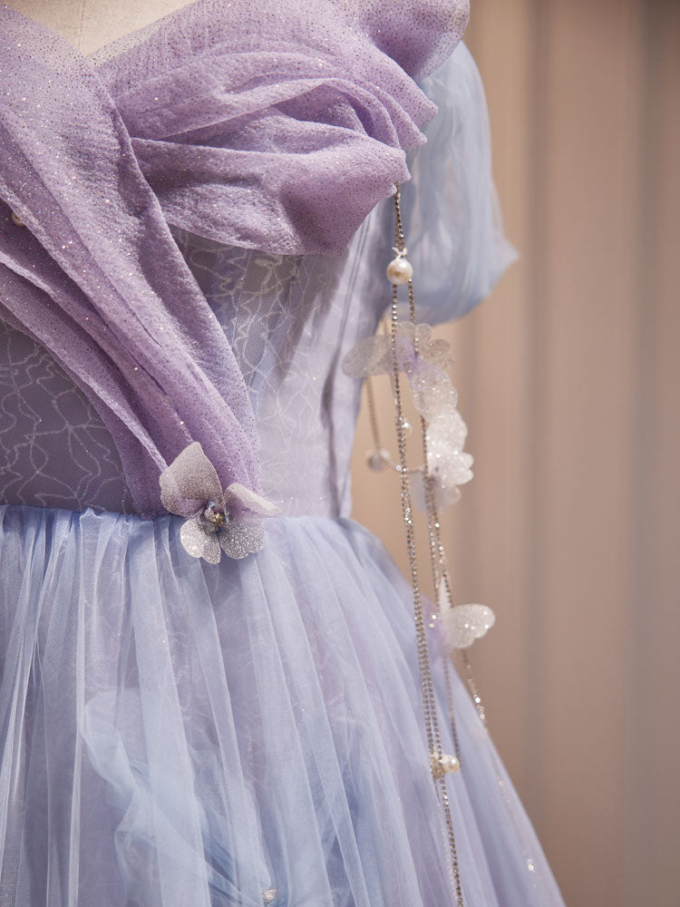 Purple A-Line Tulle Long Classy Prom Dress, Off Shoulder Purple Graduation Dress