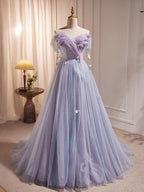 Purple A-Line Tulle Long Classy Prom Dress, Off Shoulder Purple Graduation Dress