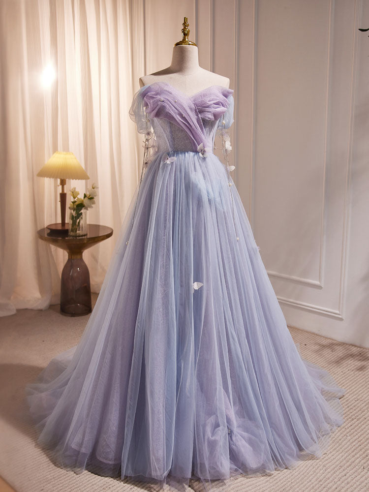 Purple A-Line Tulle Long Classy Prom Dress, Off Shoulder Purple Graduation Dress