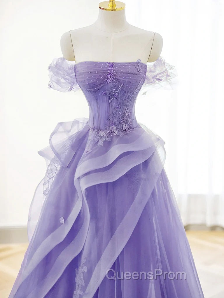 Purple A-Line Tulle Off Shoulder Long Evening Prom Dress, Purple Lace Evening Dress Secondary image