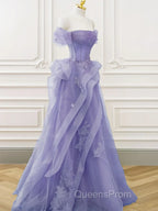 Purple A-Line Tulle Off Shoulder Long Evening Prom Dress, Purple Lace Evening Dress