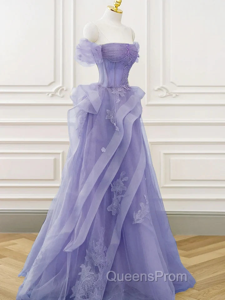 Purple A-Line Tulle Off Shoulder Long Evening Prom Dress, Purple Lace Evening Dress
