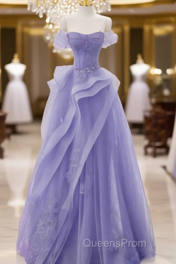 Purple A-Line Tulle Off Shoulder Long Evening Prom Dress, Purple Lace Evening Dress Main image