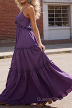 Purple A-line V Neck Sleeveless Floor-Length Chiffon Prom Dress Long Prom Dresses Backless with Pleated Ruffles