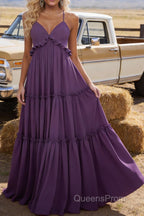 Purple A-line V Neck Sleeveless Floor-Length Chiffon Prom Dress Long Prom Dresses Backless with Pleated Ruffles
