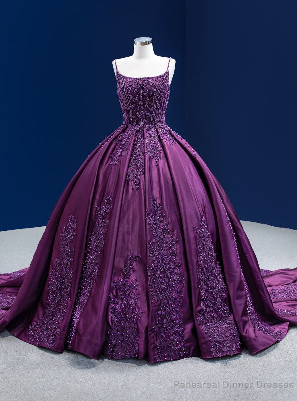 Purple Ball Gown Satin Appliques Pearls Prom Dress Main image