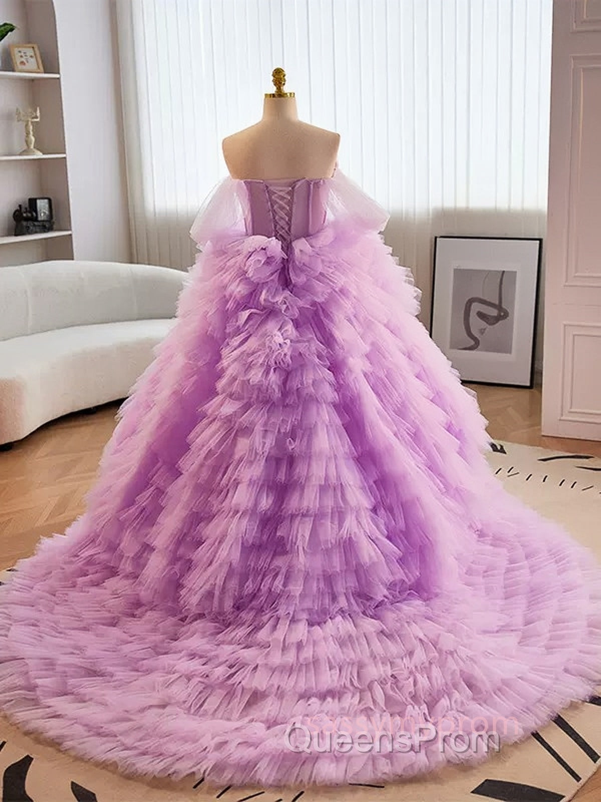 Purple Ball Gown Tulle Off The Shoulder Tiers Evening Prom Dress Secondary image