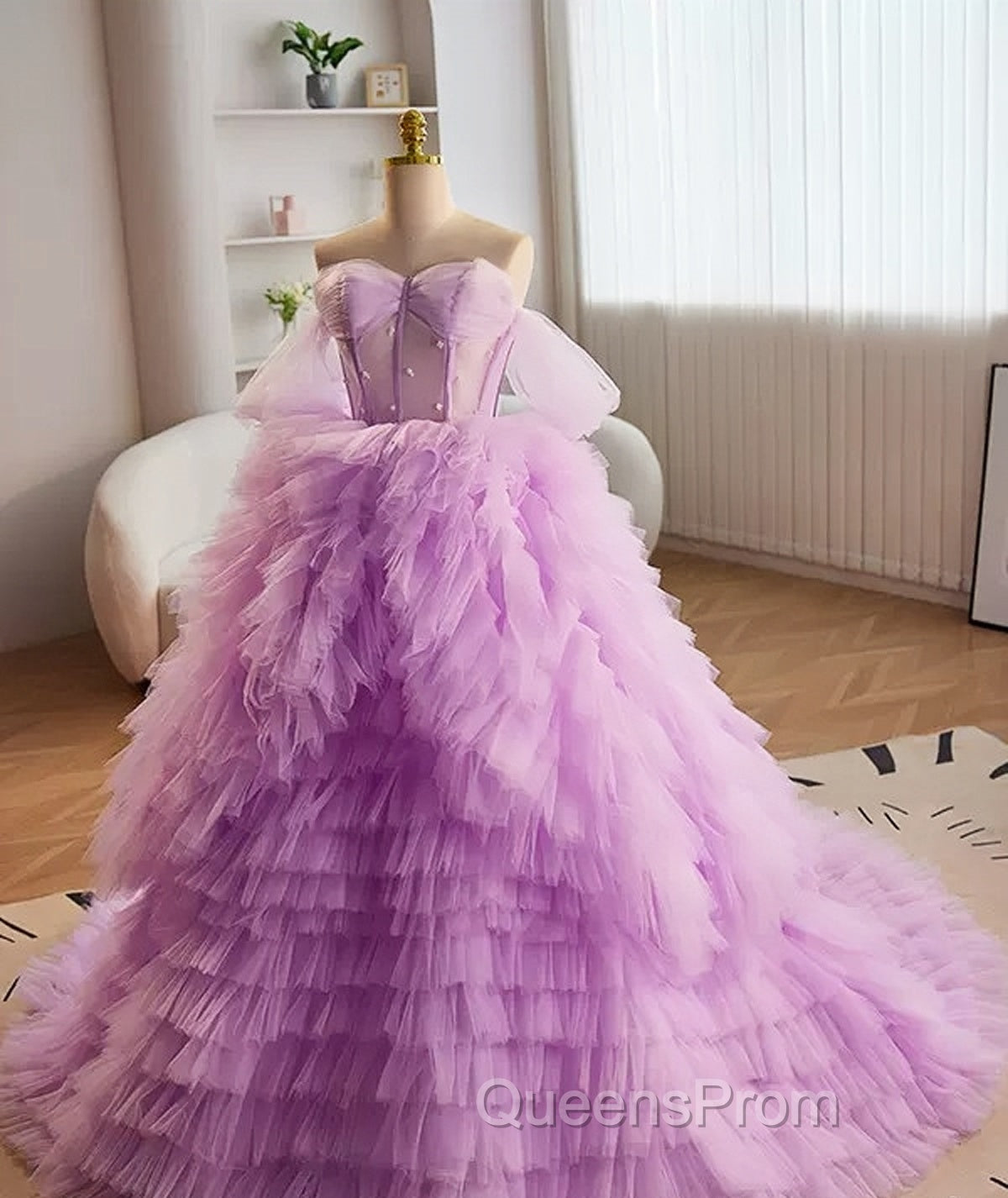 Purple Ball Gown Tulle Off The Shoulder Tiers Evening Prom Dress