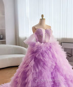 Purple Ball Gown Tulle Off The Shoulder Tiers Evening Prom Dress