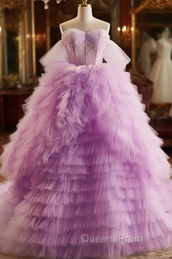 Purple Ball Gown Tulle Off The Shoulder Tiers Evening Prom Dress Main image