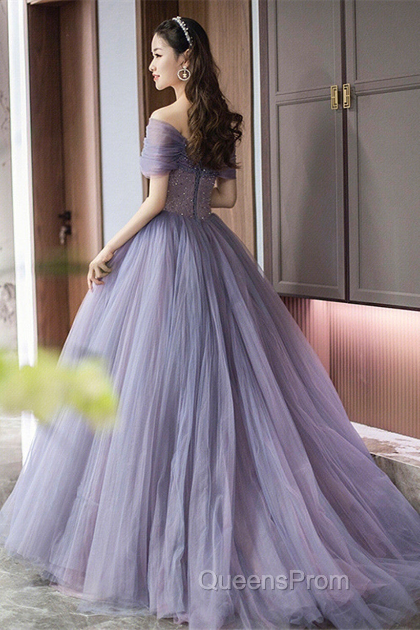 Purple Beaded Tulle Ball Gown Formal Dress, Off Shoulder Sweet 16 Formal Dress Secondary image